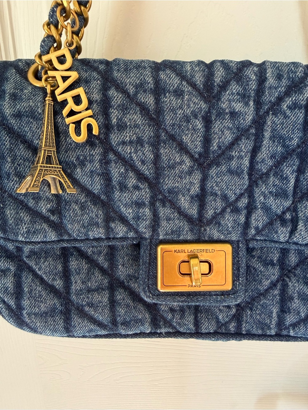 Karl Lagerfeld Paris Denim Quilted Agyness convertible Shoulder Bag Gold Chain - Picture 4 of 6